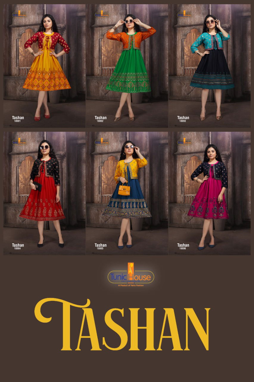 Tunic House Tashan Regular Wear Rayon Printed Anarkali Kurti With Jacket Collection
